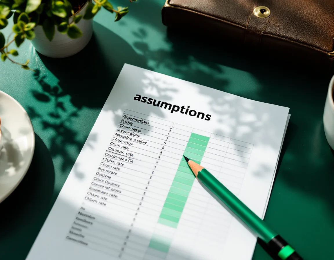 A printed assumptions tab with cells highlighted in mint and a pencil arrow pointing at the churn rate